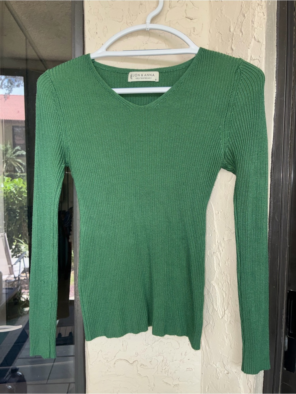 JON & ANNA Contemporary Green Ribbed V-Neck Long Sleeve Sweater - Size S